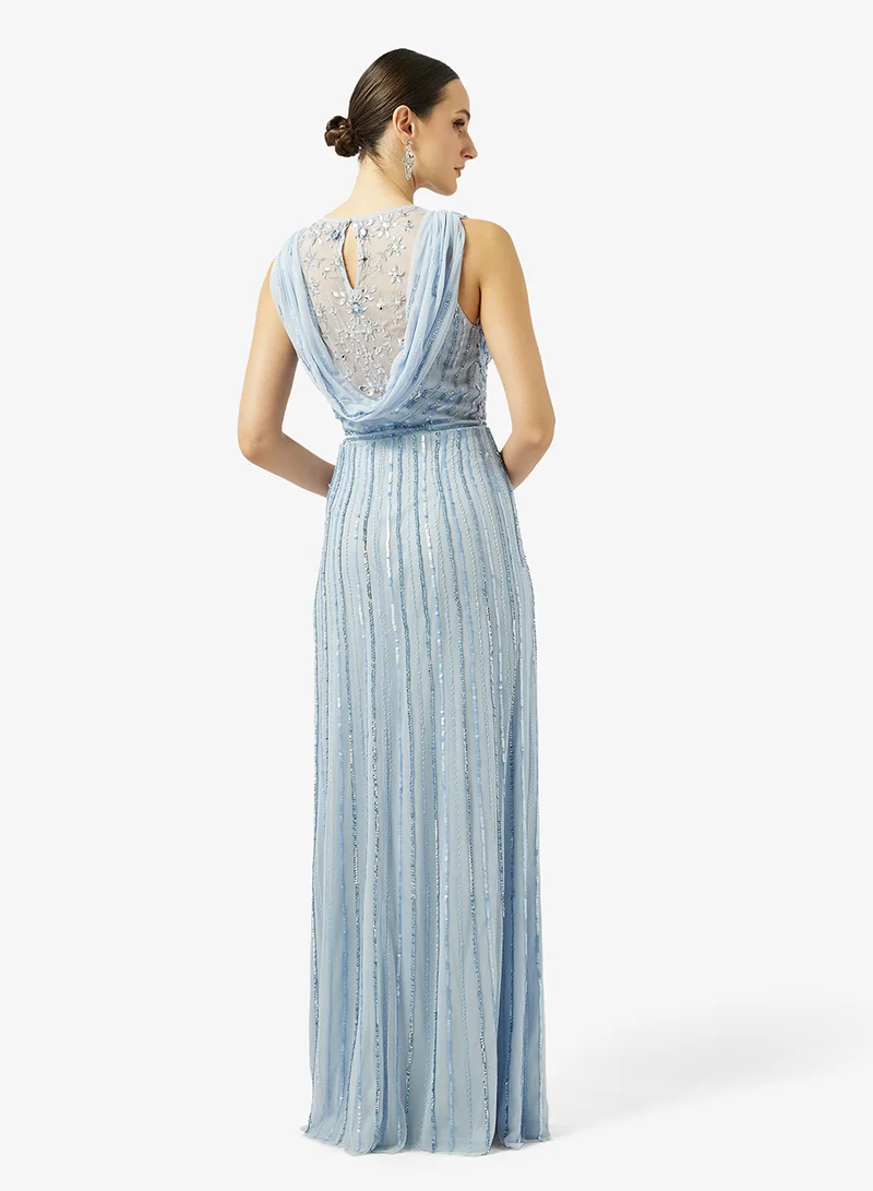 Namshi x Plunge Neck Bead Embellished Evening Gown